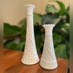 Vintage, Milk Glass, Stars and Bars Bud Vases, by Anchor Hocking Set of 2